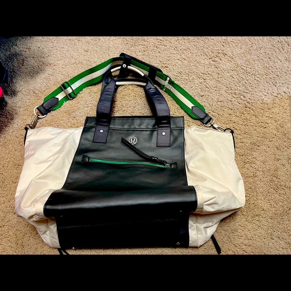 Lululemon Carry Me Om tote. Cream green gray. Yoga athletic workout travel bag